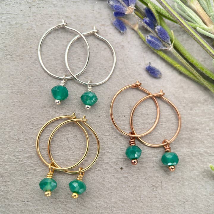 Emerald Green Onyx Charm Hoop Earrings for wholesale by Sunlight Silver Jewelry