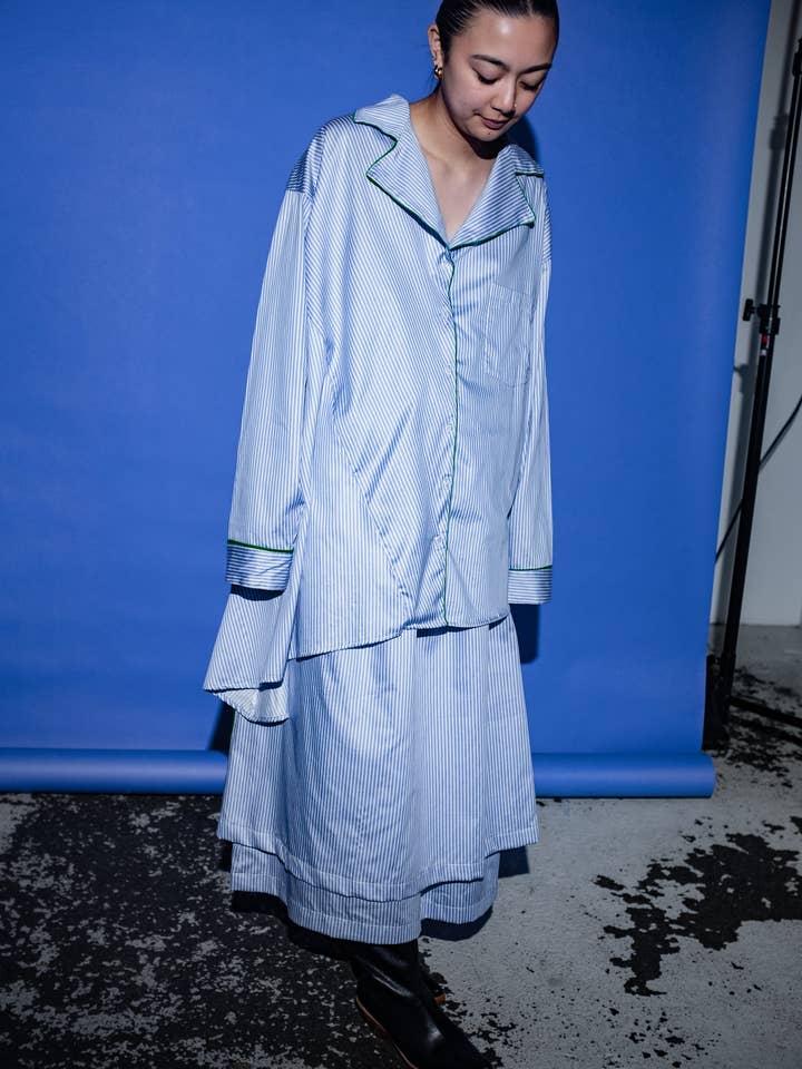 Meta Button Up Shirt in Blue + White Stripe with Green Piping for wholesale by et Tigre