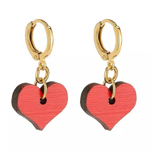Novos Brincos Mini Heart Hoop em Madeira Vermelha (Rosa Reverso) por atacado de Shock of Grey