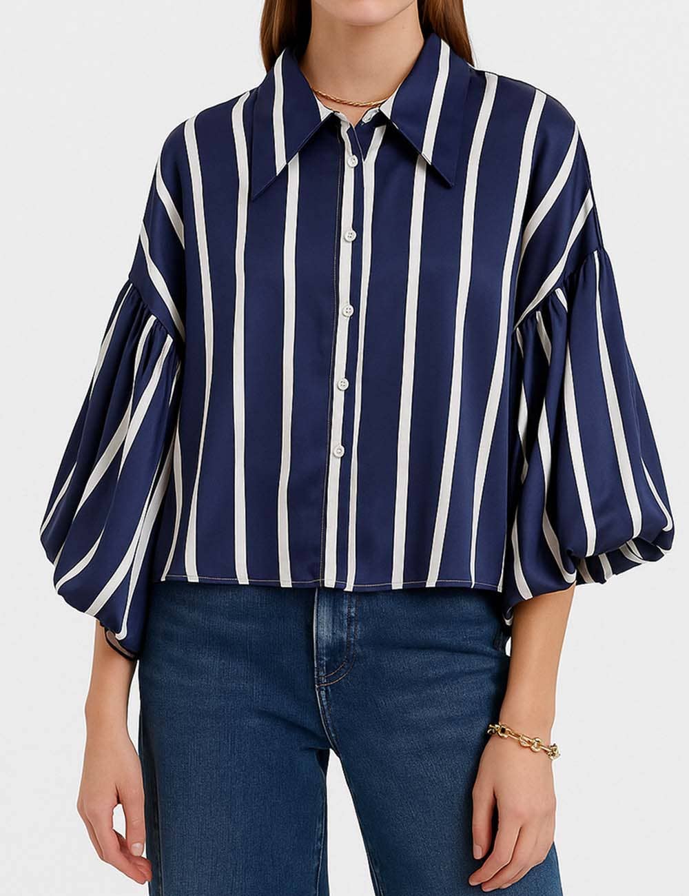 Sweetkama – wholesale Buttoned-down shirt – Women's – Ladies Striped Puff Sleeves Button Shirt SP0688