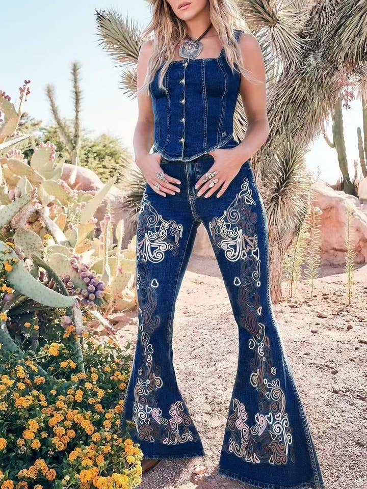 Blue Wild Western Floral Vine Embroidered flare jeans for wholesale on Faire7