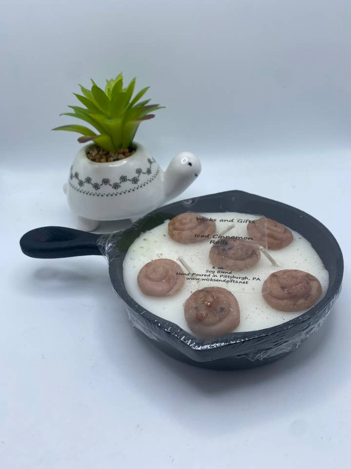 8 oz Iced Cinnamon Roll Cast Iron Frying Candle for wholesale by Wicks and Gifts