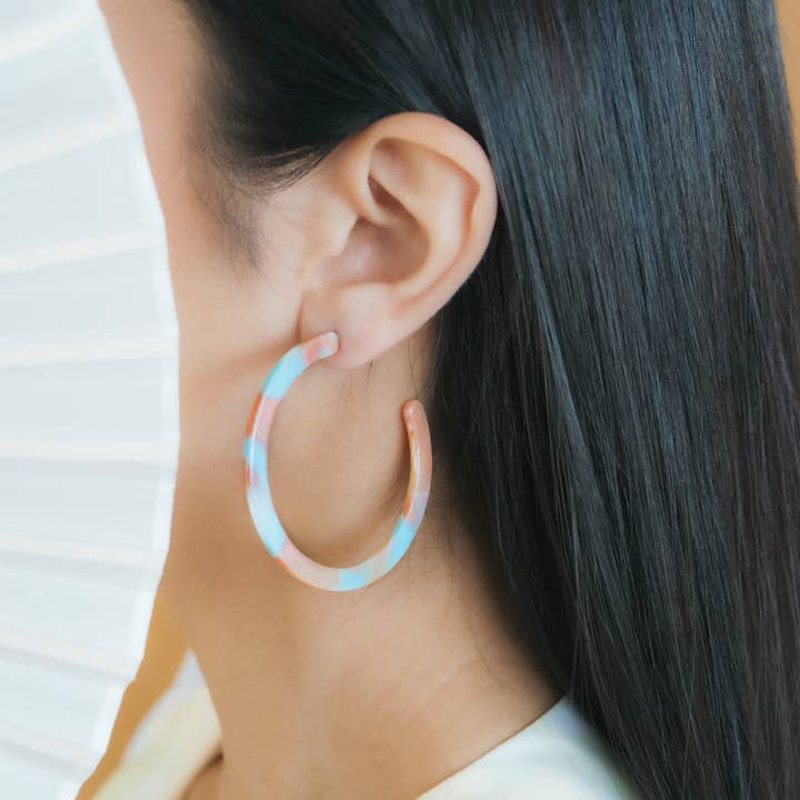 Peach, Pink & Blue Tortoiseshell Large Hoop Earrings for wholesale by Amber & Orange