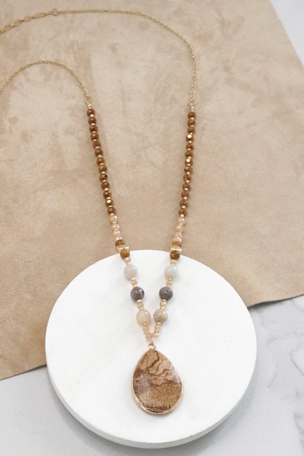 PennyLine inc - Wholesale Pendant/Charm Necklace - Beaded Long Necklace with Semi Precious Jasper Teardrop Stone Pendant1