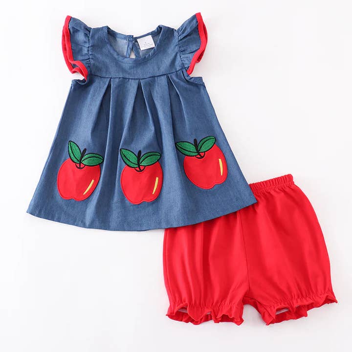 Girls Back To School Apple Applique Red Blue Short Set for wholesale by Auraquise
