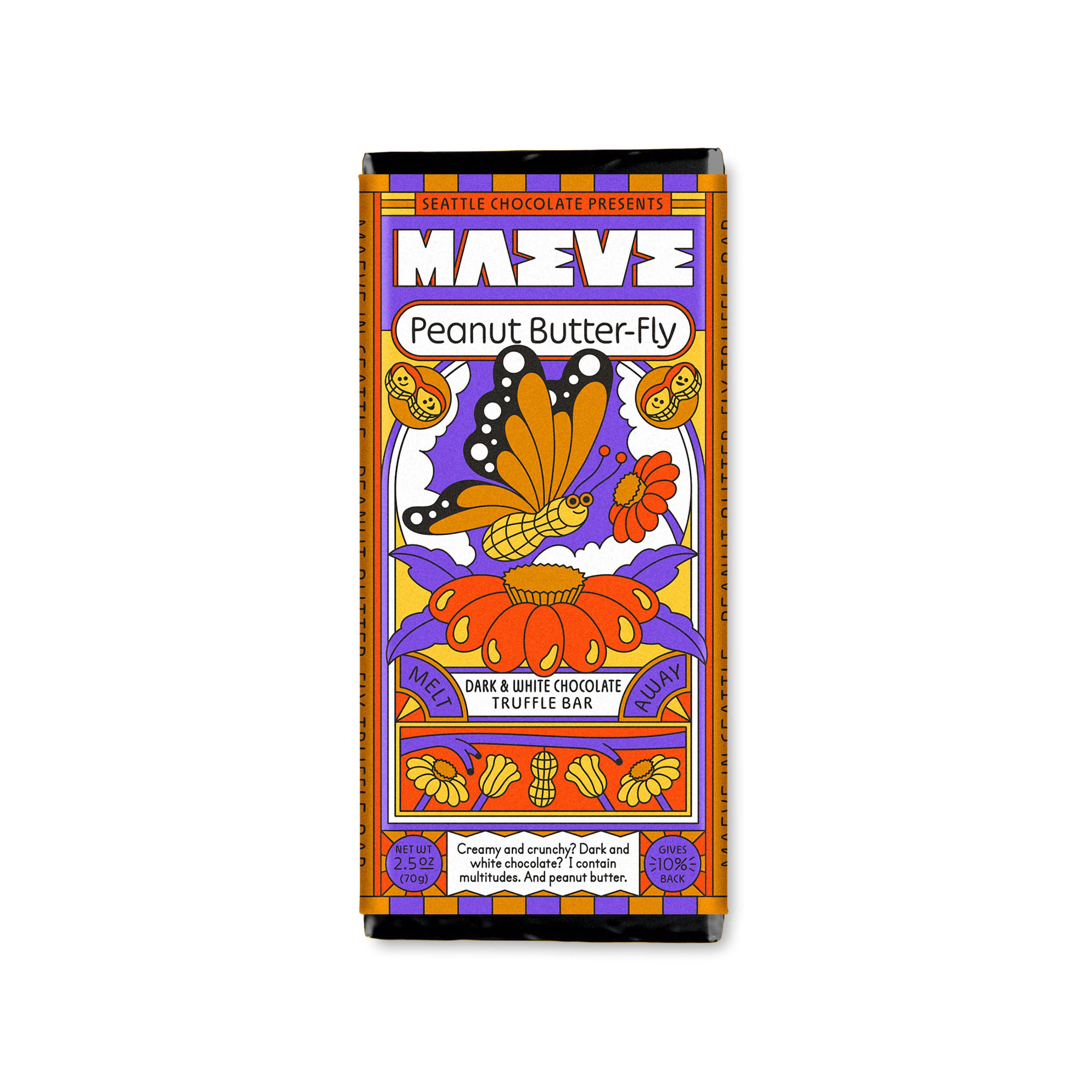 Seattle Chocolate Presents Maeve - Vente Barre chocolatée - Barre de truffe au beurre de cacahuète-papillon