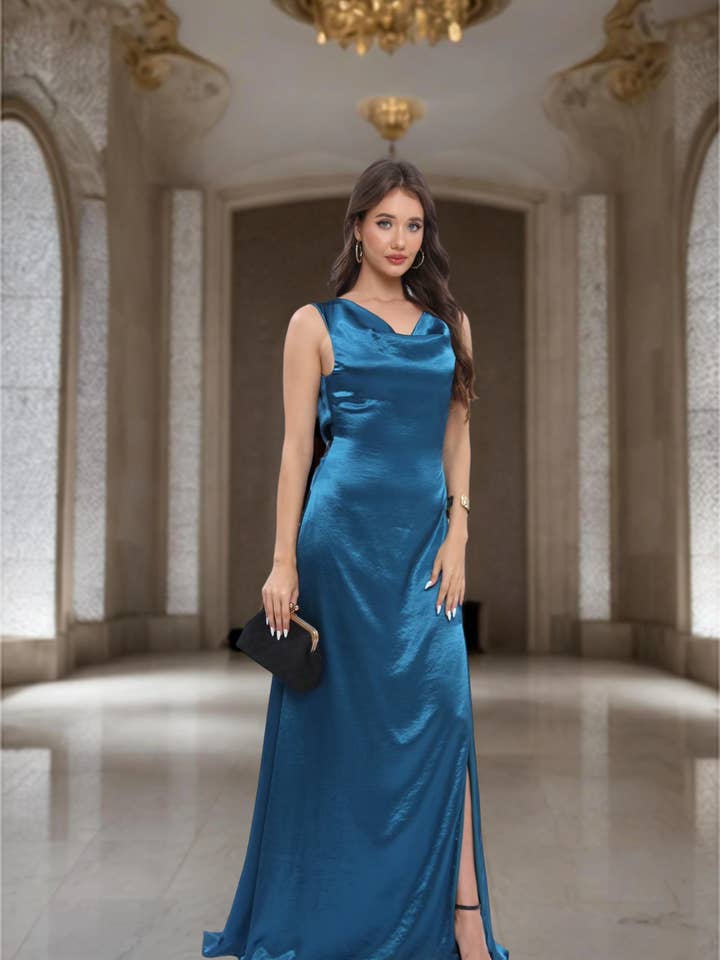 Lucas & Emma - Sarl RJ & co - Wholesale Gown - Women's - Satin maxi dress for ceremony with draped neckline and open back2