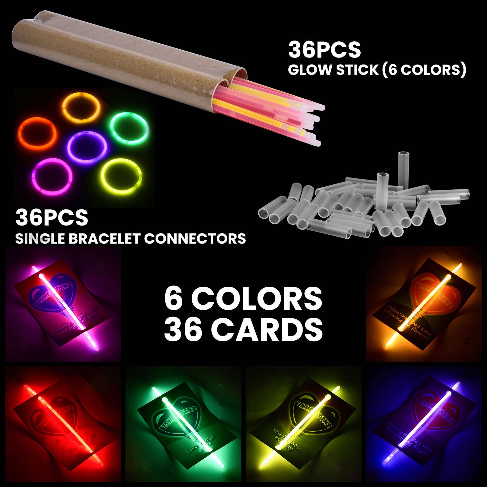 Fun Little Toys - Vente Cartes de Saint-Valentin - Lot de 108 bâtonnets lumineux en 6 couleurs avec des cartes de fête au néon2
