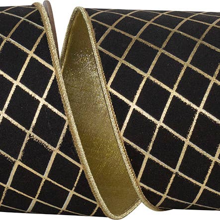 Diamond Stripes Deluxe Wired Edge, Black/gold, 4 In for wholesale by RELIANT RIBBON