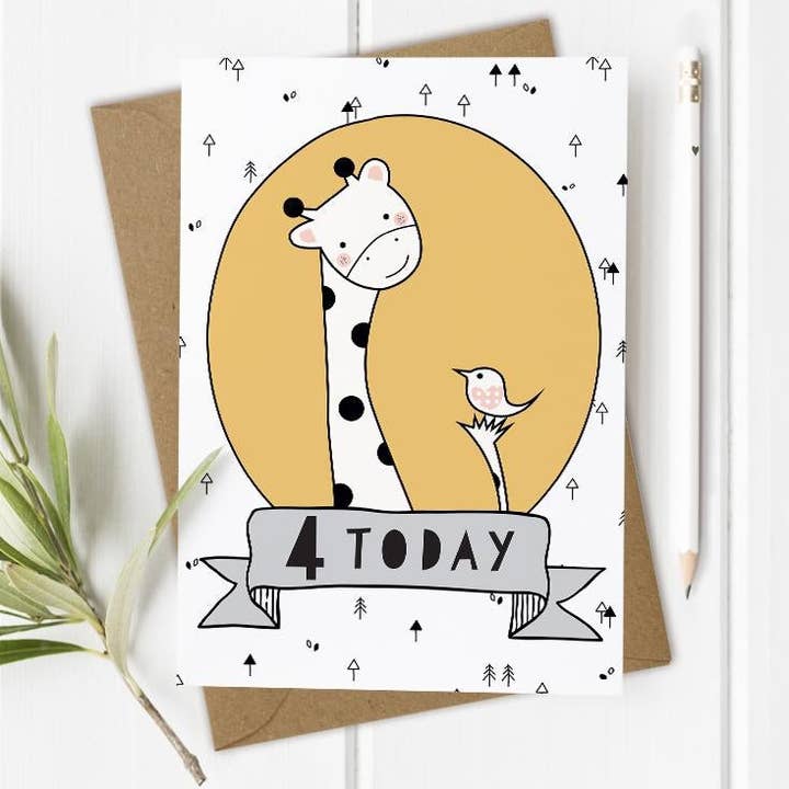 Leeftijd 4, 4e verjaardagskaart, meisje of jongen - giraf voor wholesale door Mrs Best Paper Co.