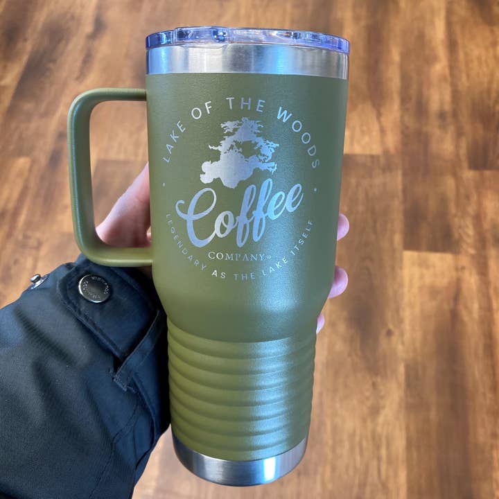 Customizable Tumbler with Handle 22oz with slider lid for wholesale by Lake of the Woods Coffee