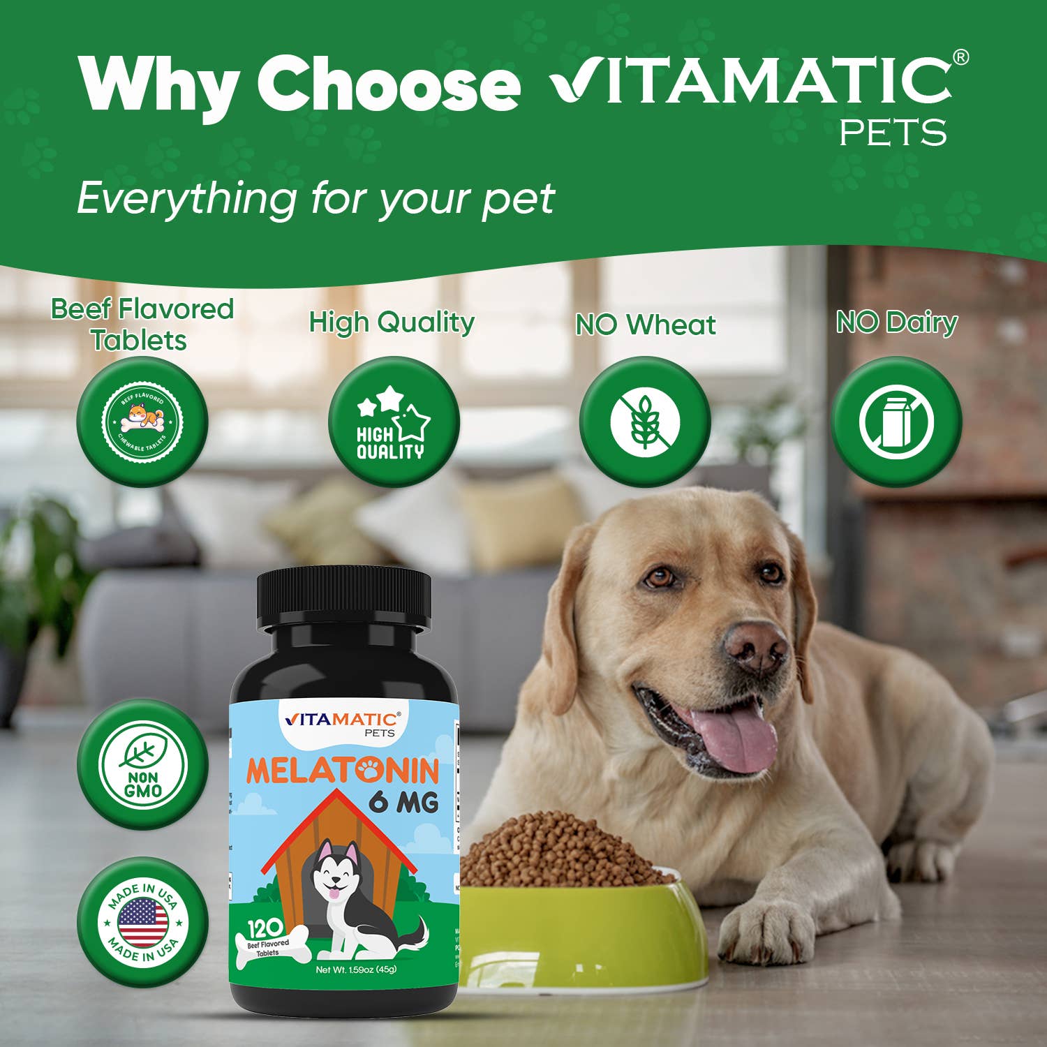 Vitamatic – wholesale Pet supplement – Dog – Vitamatic Melatonin for Dogs - 6 mg | 120 Beef Flavored3