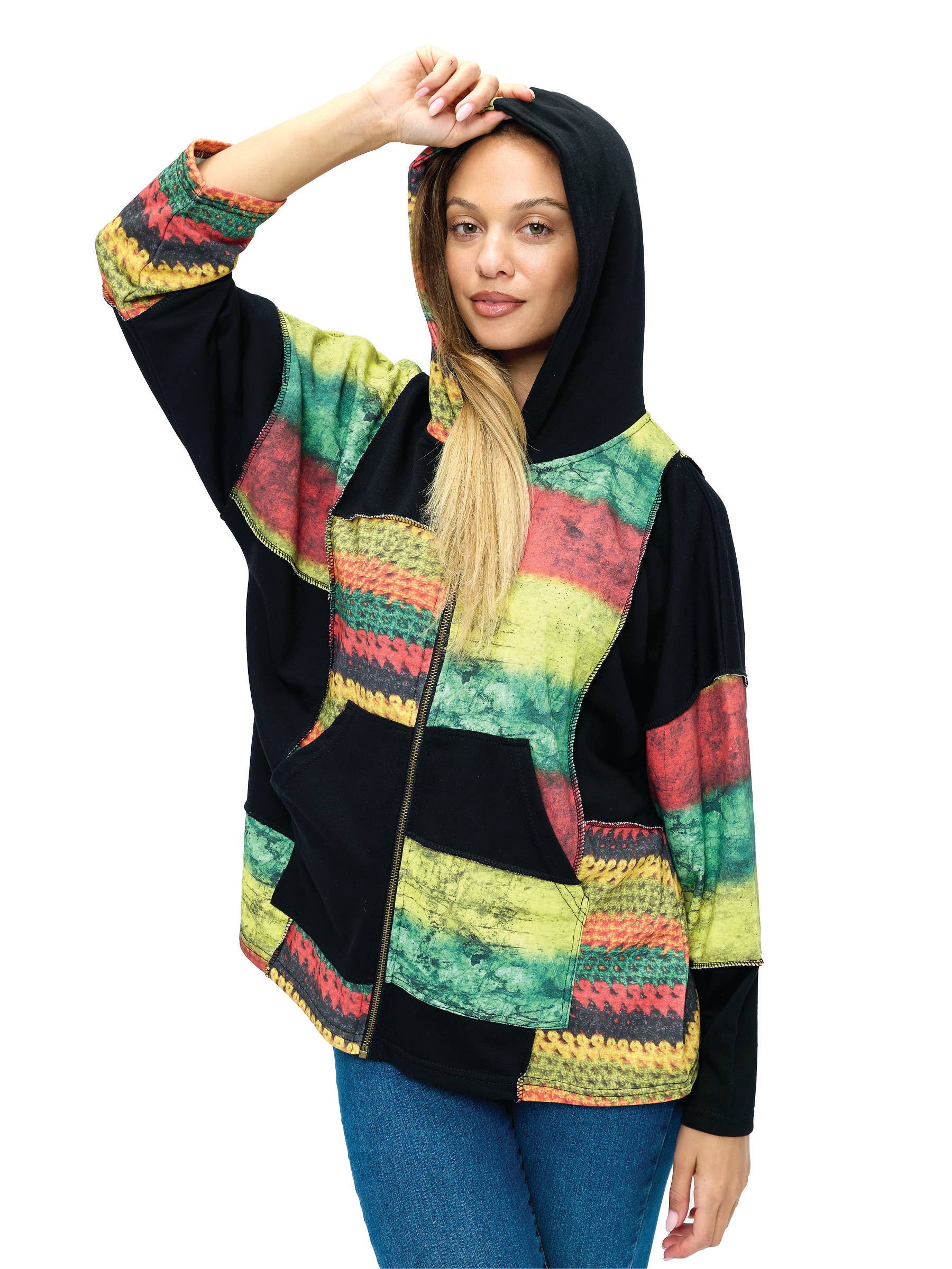 Zip-up Hoodie Patchwork Rasta Colorblock for wholesale on Faire3