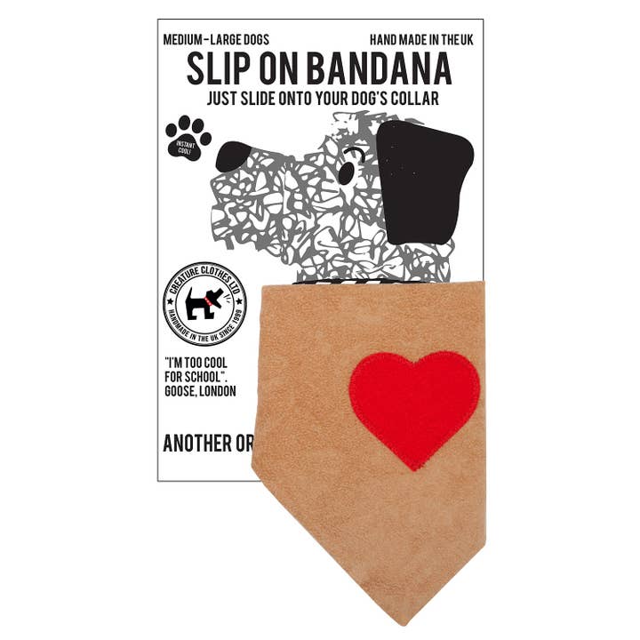 Creature Clothes - Wholesale Pet Bandana - Dog - Slip on Dog Bandana - Red Heart on Tan