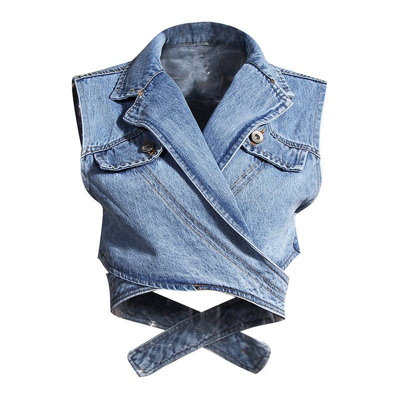 VividLux - Wholesale Top & Pant Set (NOT Loungewear) - Women's - Two Piece Set Short Irregular Asymmetric Denim Vest Puff Sleeve Shirt Loose Set Criss Cross Women2