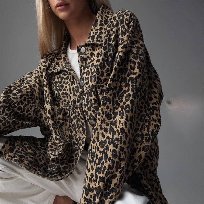 UZ Wholesale Store - Wholesale Denim Jacket - Women's - Relaxed Fit Leopard Print Denim Jacket0