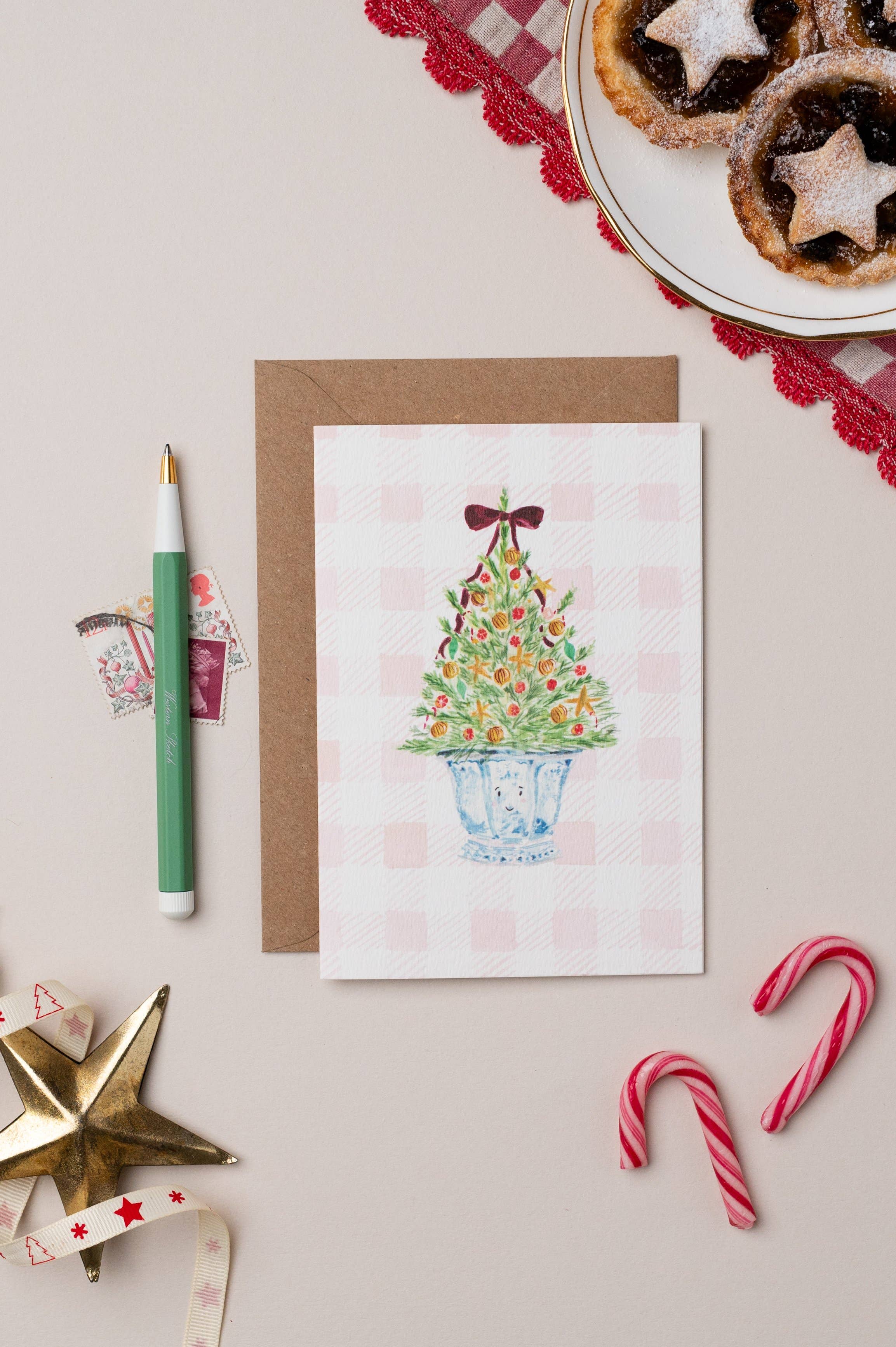 Western Sketch - Wholesale Christmas Card - WS292 Christmas Tree on Gingham check Christmas Card2