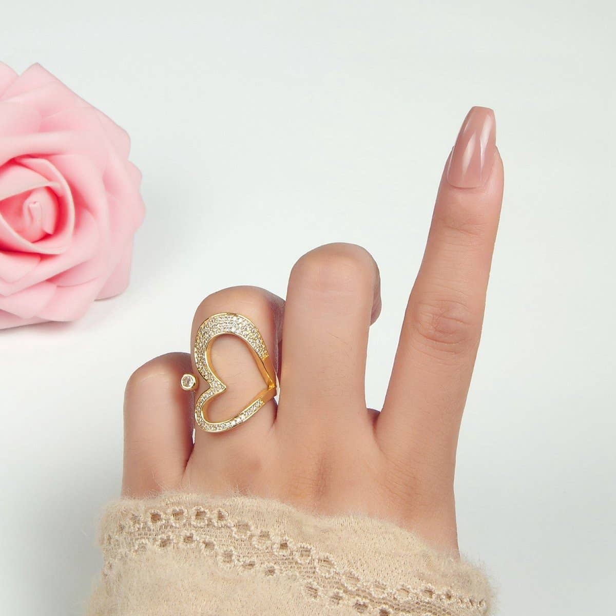 Aim Eternal - Wholesale Band/Stacked Ring - 24K Gold Filled Micro Paved CZ Sideway Open Heart Ring | O14123