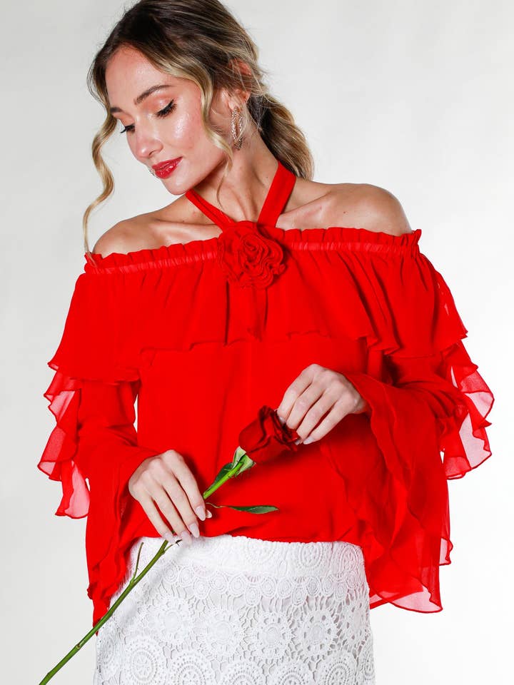 Off-The-Shoulder Ruffle Sleeve Rose Corsage Blouse VT81943 for wholesale by Vine & Love