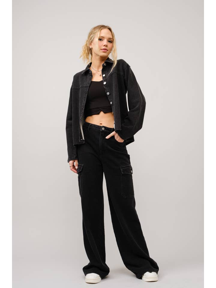 BLACK 23183P - High rise wide leg denim sweat pants for wholesale on Faire