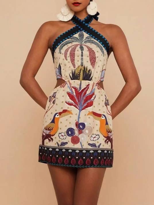 Decor Halterneck Palm Tree Print Boho Cutout Mini Dress for wholesale on Faire