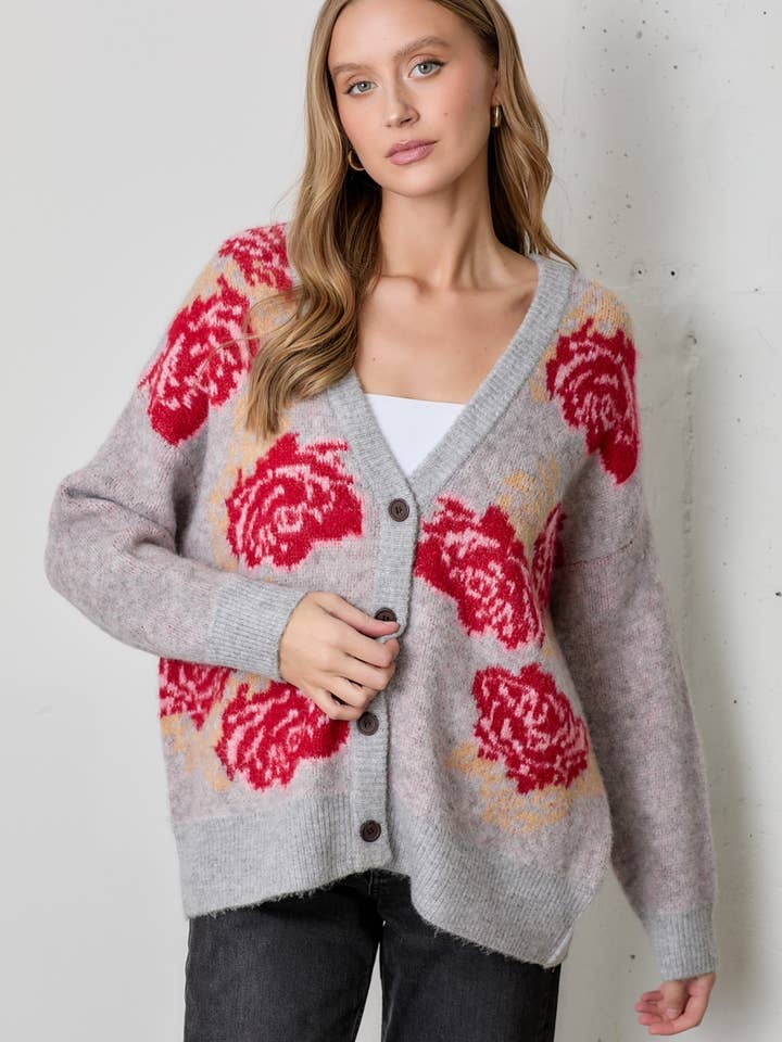 CARDIGAN STAMPATO A ROSE per la vendita all'ingrosso da parte di Polagram by Wellmade USA