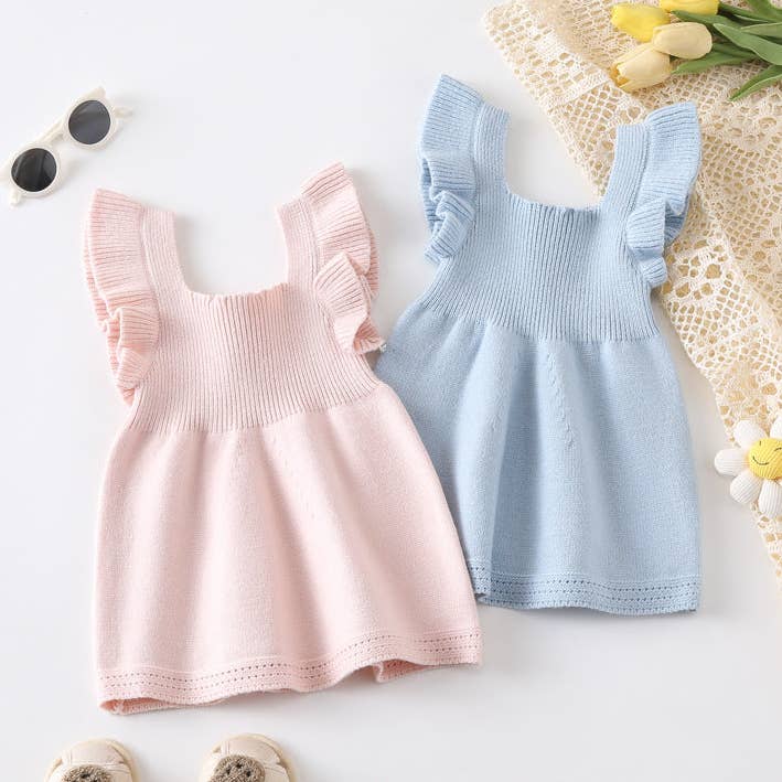 Vestido de punto con mangas volantes, liso y simple, de color liso, de Arrival Summer para bebés y niñas para venta al por mayor de MyKids-USA®
