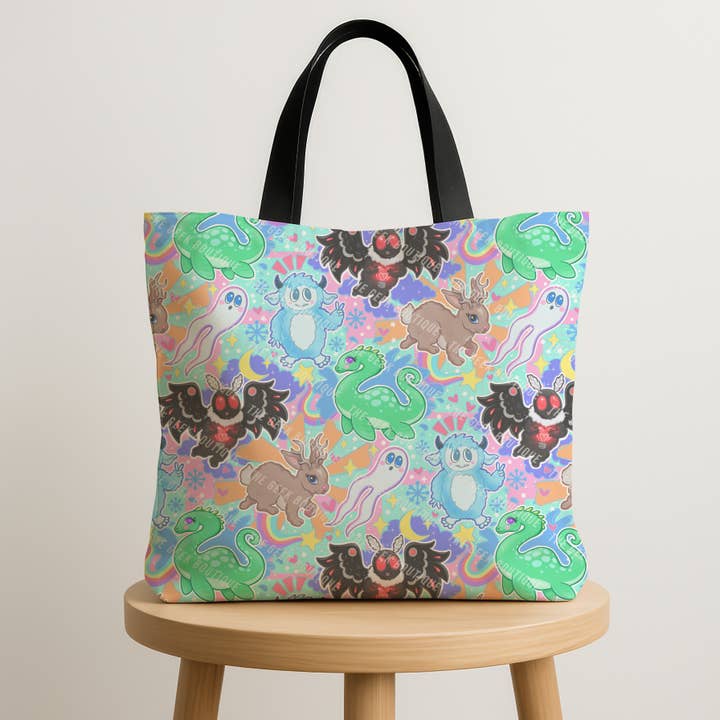 Grand sac cabas à fermeture éclair Néon Cryptide Mothman Nessie Yéti pour la vente par The Geek Boutique