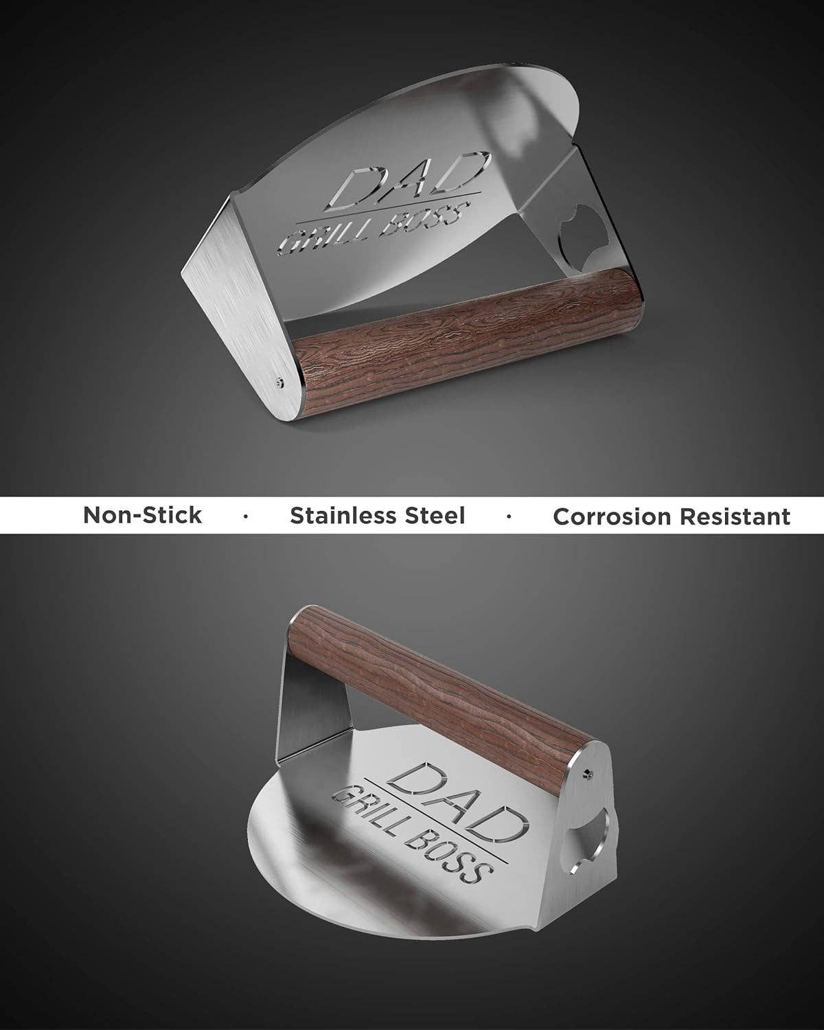 Infinite Basics - Wholesale Outdoor Grill Tools - BBQ Press Grilling Gift for DAD The Grill Boss - Stainless Steel Smash Burger Press for Hamburger/Bacon with Wood Handle & Beer Opener (for Christmas, Birthday, Fathers Day)5