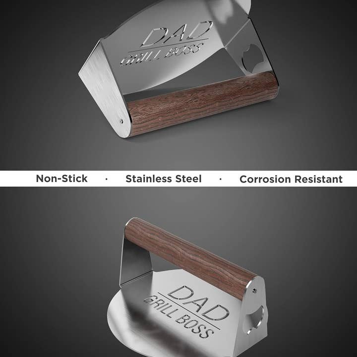 Infinite Basics - Wholesale Outdoor Grill Tools - BBQ Press Grilling Gift for DAD The Grill Boss - Stainless Steel Smash Burger Press for Hamburger/Bacon with Wood Handle & Beer Opener (for Christmas, Birthday, Fathers Day)5