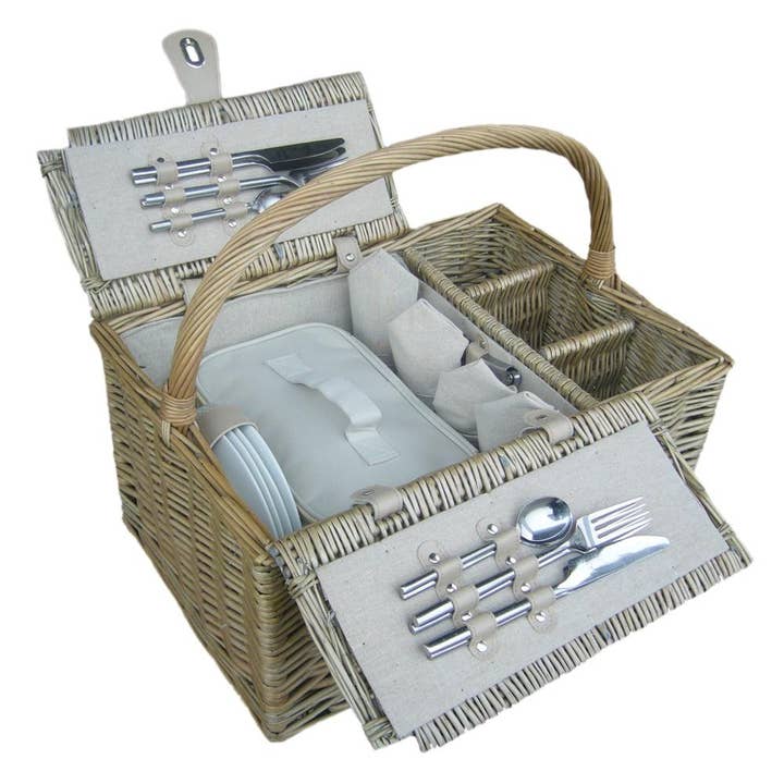 Deluxe Retro Double Lidded Wicker Fitted Picnic Basket for wholesale by Red Hamper