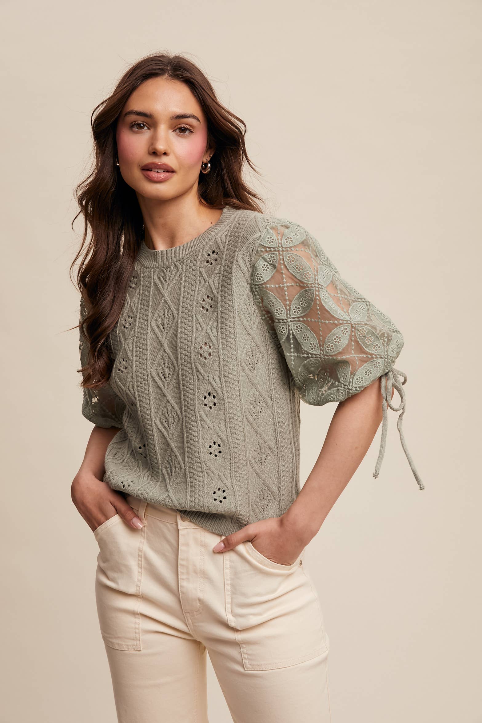 Listicle – Pulôver - Mulher por atacado – Top de Malha com Mangas Bufantes e Ilhós35