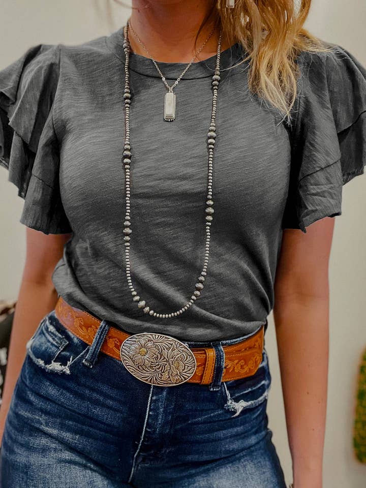 Lovesoft - Wholesale Blouse - Women's - Dark Grey Layered Ruffle Short Sleeve Round Neck Top