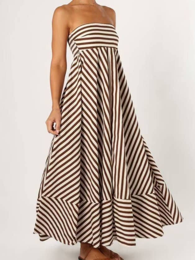 Classic Stripe Fit & Flare Bandeau Strapless Maxi Dress for wholesale on Faire