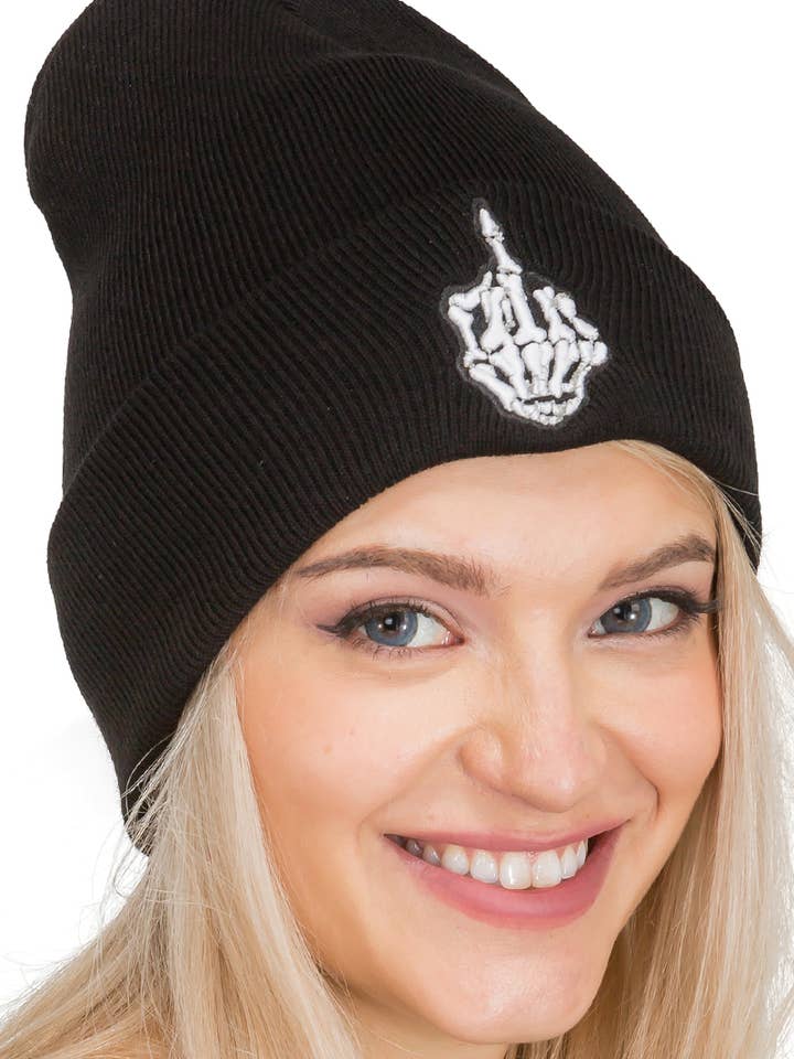 Middle Finger Up Skeleton Cuffed Classic Beanie for wholesale by Cap Zone