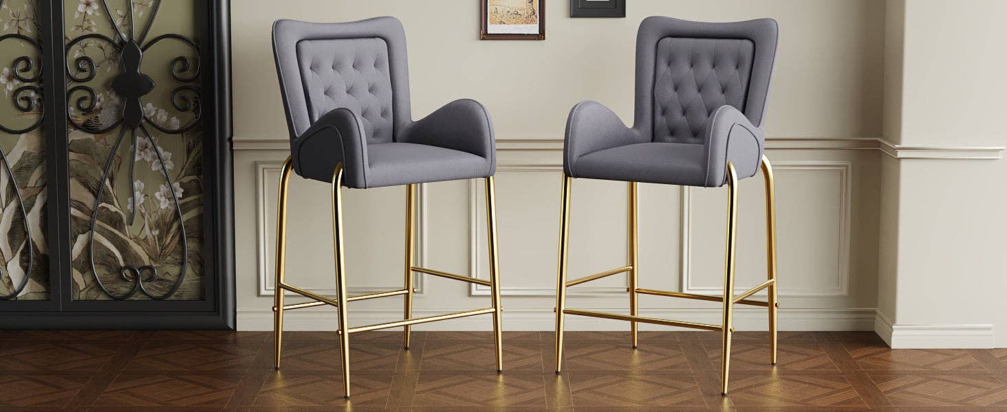 39F Inc. - Wholesale Stool - 28.75in Gray Velvet Counter Stools with Gold Legs, 2pk2