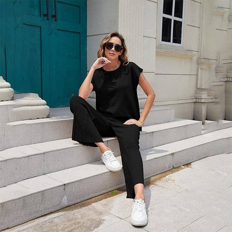 Masyal - Wholesale Top & Pant Set (NOT Loungewear) - Women's - Women's Casual Knitted Two-Piece Wide-Leg Suit7