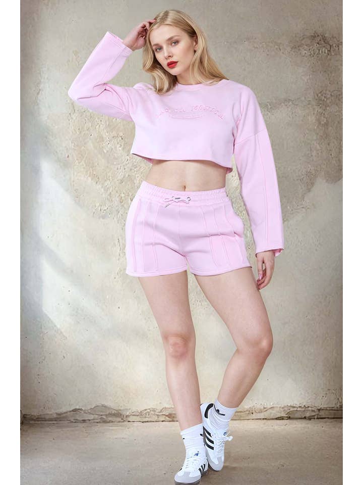 Missi Clothing – wholesale Lounge set – Women's – Santa Monica Embroidered LSF Crop Sweatshirt & Shorts Set (Pack of 4 Sets)4