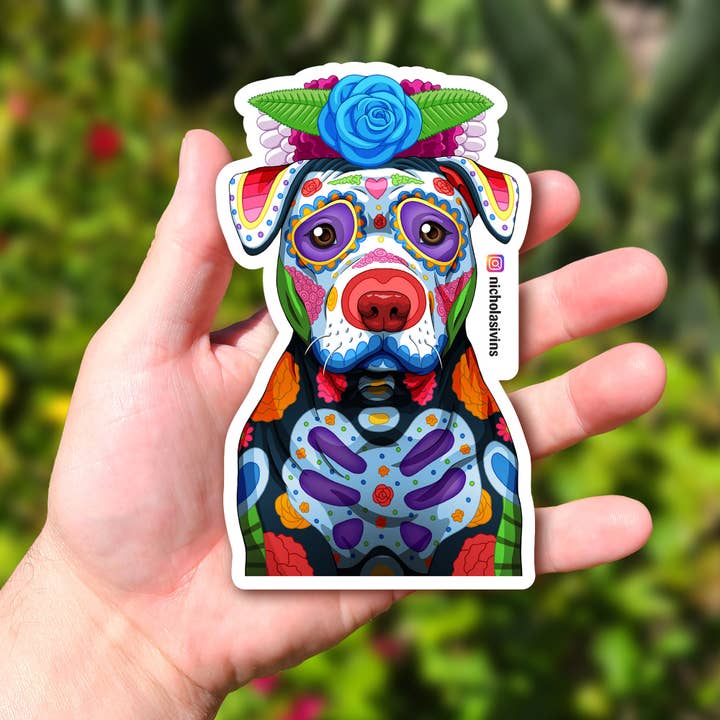 Nicholas Ivins Art & Illustration - Wholesale Sticker - Day of the Dead Dog Sad Pitbull Sticker - "Juanito"1