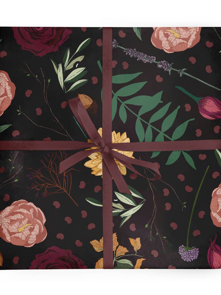 Juniper - Moody Dark Botanical Luxury Floral Gift Wrap Sheet for wholesale by Wildwood Paper