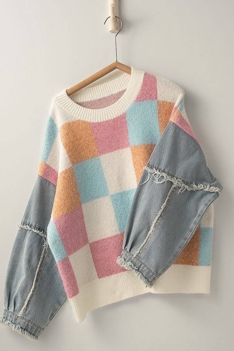 Urban Daizy - Wholesale Knit Sweater - Women's - Checkered Knit with Denim Sleeves Crewneck Sweater16