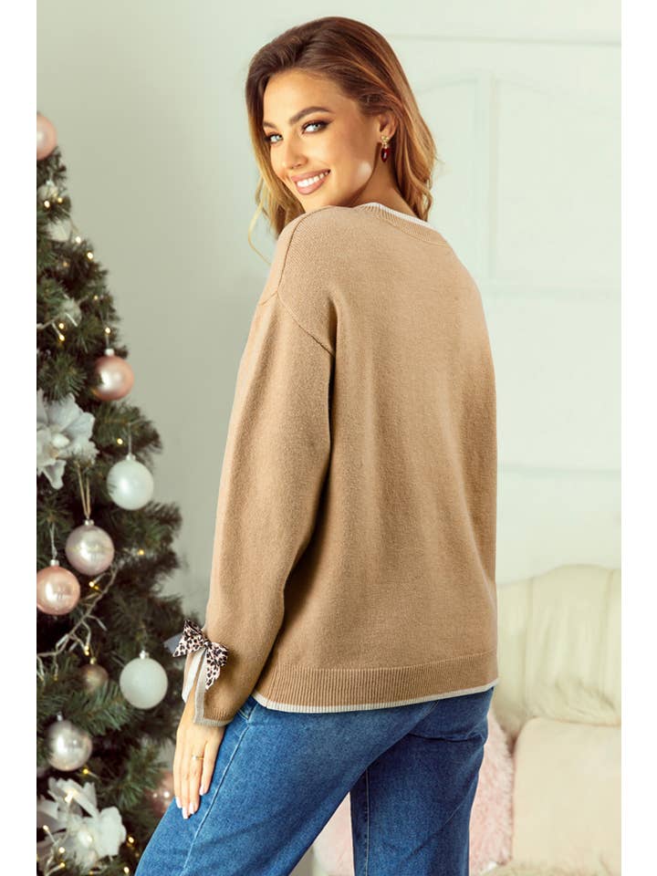 1 the Woman - Wholesale Knit Sweater - Women's - Leopard Bow Decor Split Cuff Contrast Trim Sweater1