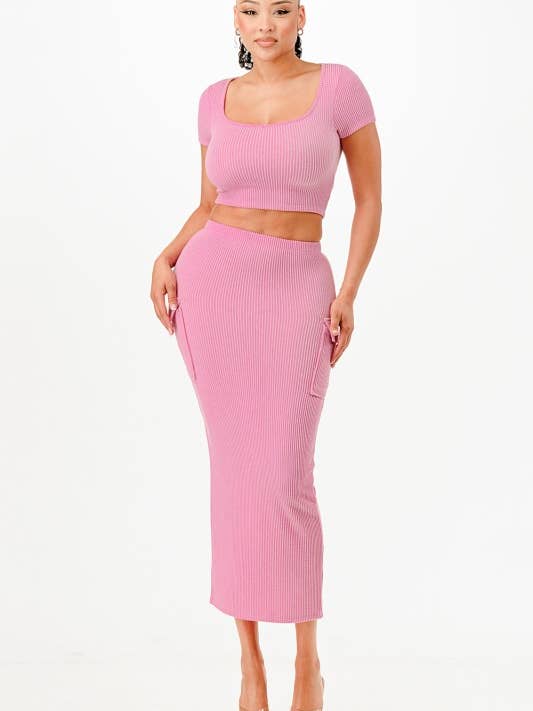 A2626-Urban Rib Crop Top and Midi Skirt Set with Pockets for wholesale by April Moon