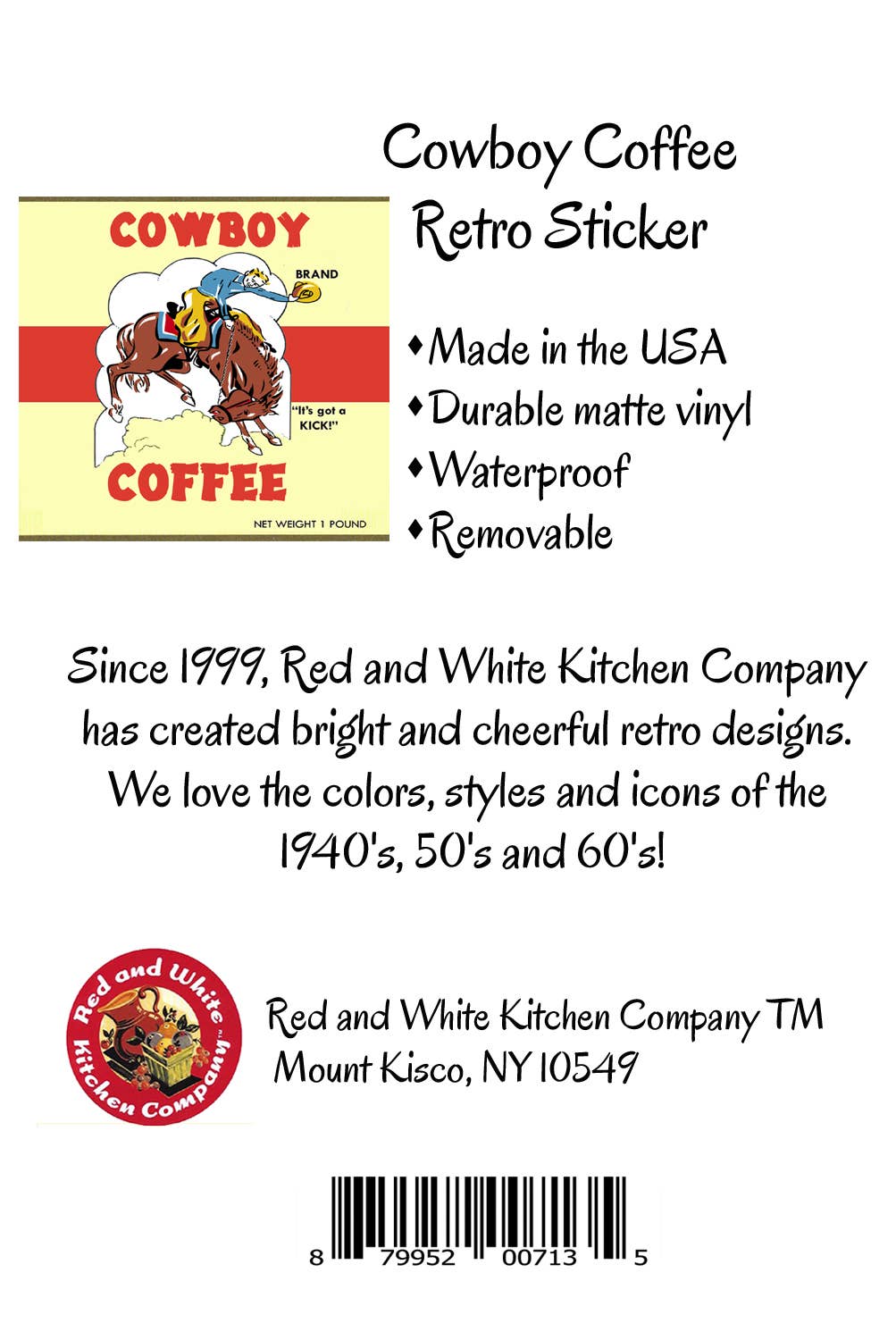 Red and White Kitchen Company - Wholesale Sticker - Cowboy Coffee Retro Vinyl Sticker2