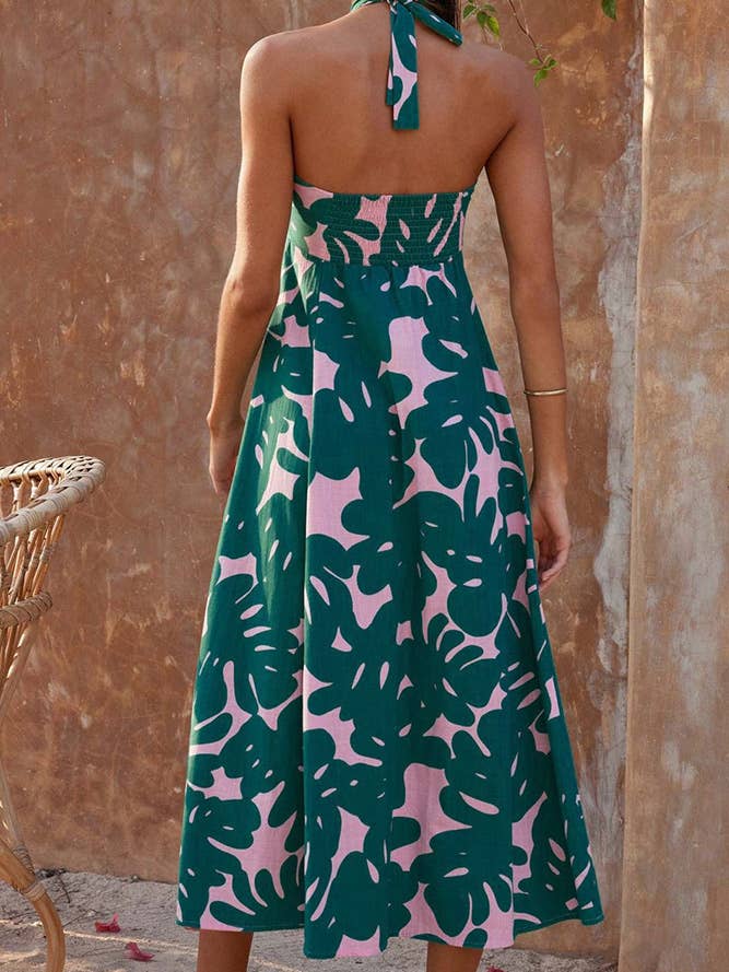 UNISHE - Wholesale Dress - Women's - Halter Neck Flare Printed Maxi Dress QXX0727