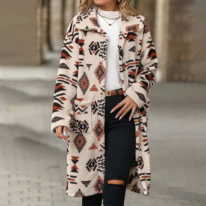 WOMEN ETHNIC STYLE PRINTED PLUSH LONG COAT_CWOCO0123 for wholesale by Lily Clothing