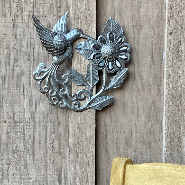 Haiti Fair Trade~ It's Cactus - Wholesale Wall Accent - 11" Blooming Flower with Hummingbird Haitian Metal Wall Art