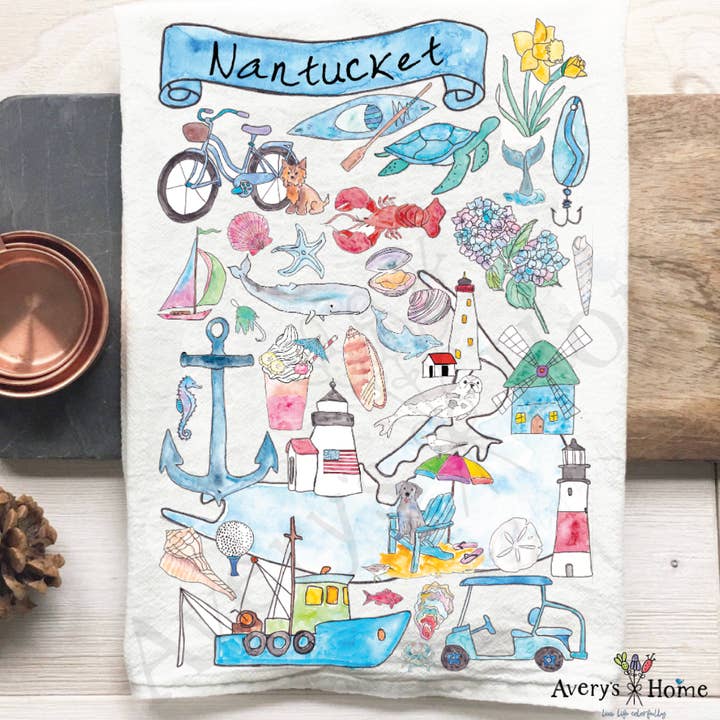 Nantucket Island Souvenir Coastal Map Tea Towel for wholesale by Avery's Home