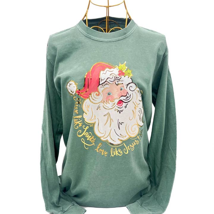Gold Foil Pretty N' Red Santa Long Sleeve Shirt - 964 for wholesale by Rachel Brooks Design, LLC