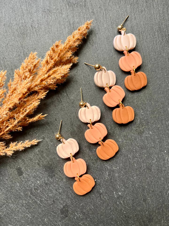 Ombré Pumpkin Trio Polymer Clay Earrings for wholesale by Clay + Clover Earring Co.